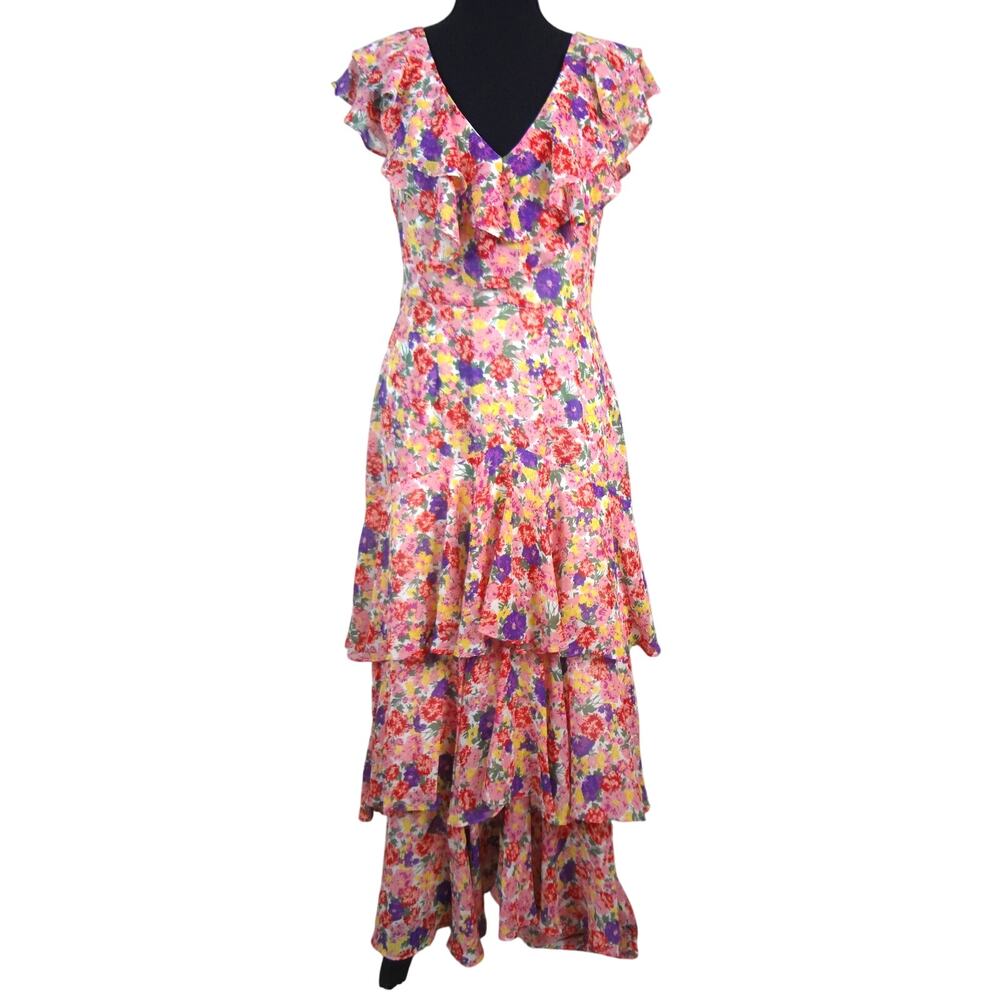 Pink Floral Dress Ruffle Dress Summer Flowy Maxi Tiered Fairycore Flutter Medium